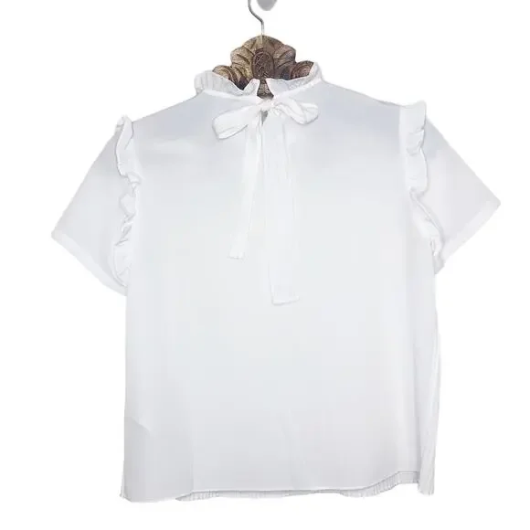 Maje Top Lamou Blouse Bow Back White High Neck Ruffle Pleated Short Sleeve